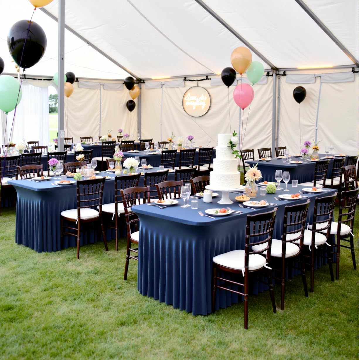 2 Pack Navy Blue Spandex Tablecloths for 8 Foot Rectangle Tables, Wrinkle Free Fitted Table Cloths 8ft Stretchy Table Cloth Covers with Skirt for Parties Weddings Birthday Banquet Baby Shower