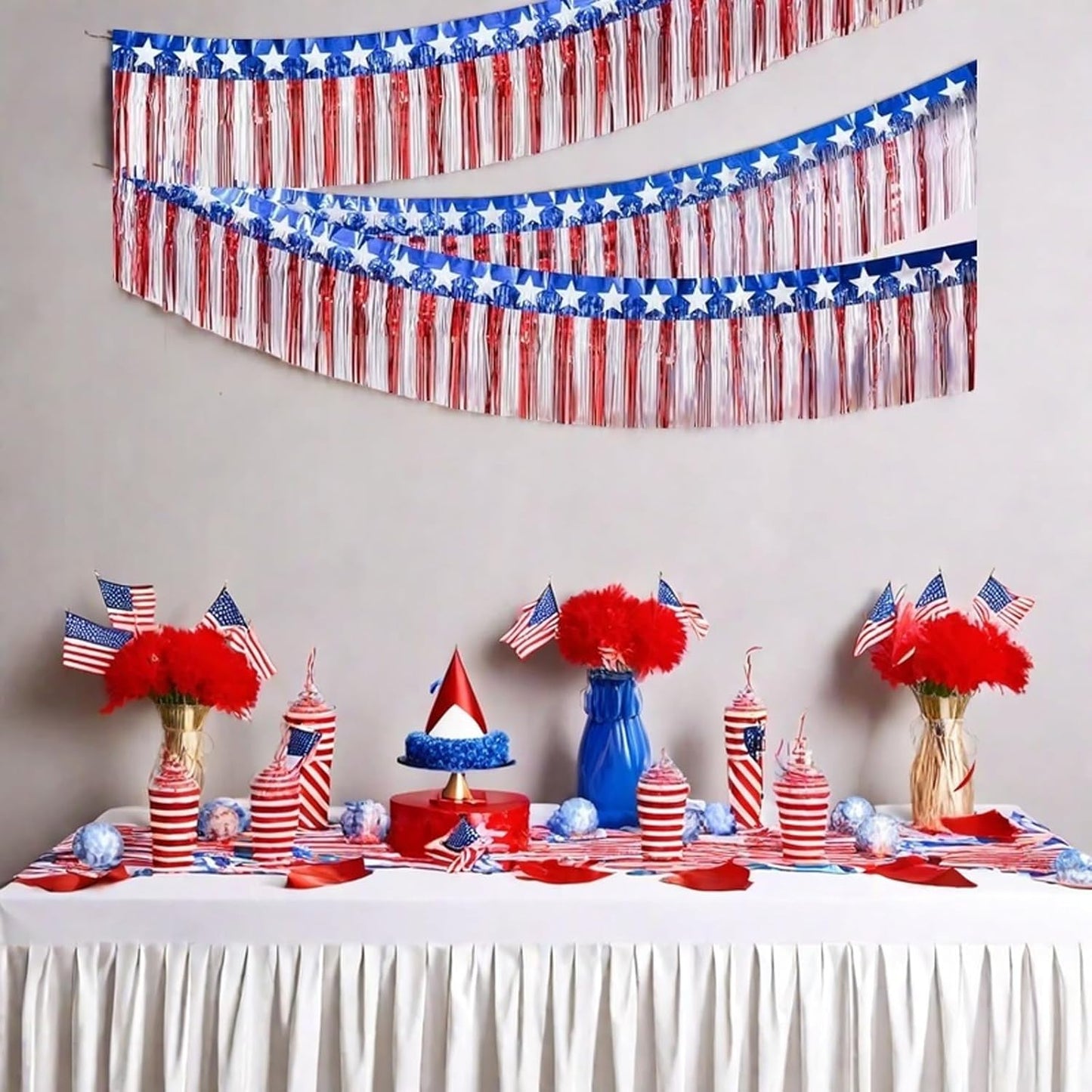6 Packs 10 Feet Foil Fringe Garland Metallic Foil Tinsel Fringe Garland Wall Hanging Fringe Banner Tassels for 4th/Fourth of July Patriotic Decorations,Parade Floats (Red Blue White)