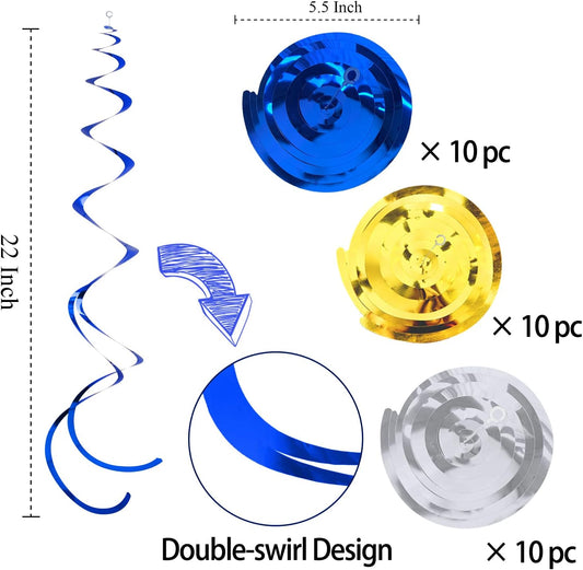 30Pc Party Swirl Decorations Foil Swirl Hanging Decoration Plastic Streamer for Ceiling 22 in Navy Party Decor (Blue,Gold and Silver)