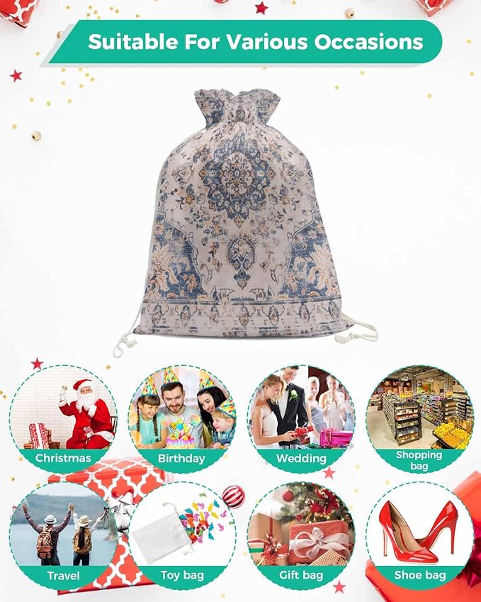 Floral Drawstring Gift Bags 1 Piece, 27.5" x 31.5" Large Vintage Boho Persian Tribal Style Flowers Gift Bag Reusable Fabric Wrap Bags for Wedding Party Birthday Christmas Holiday