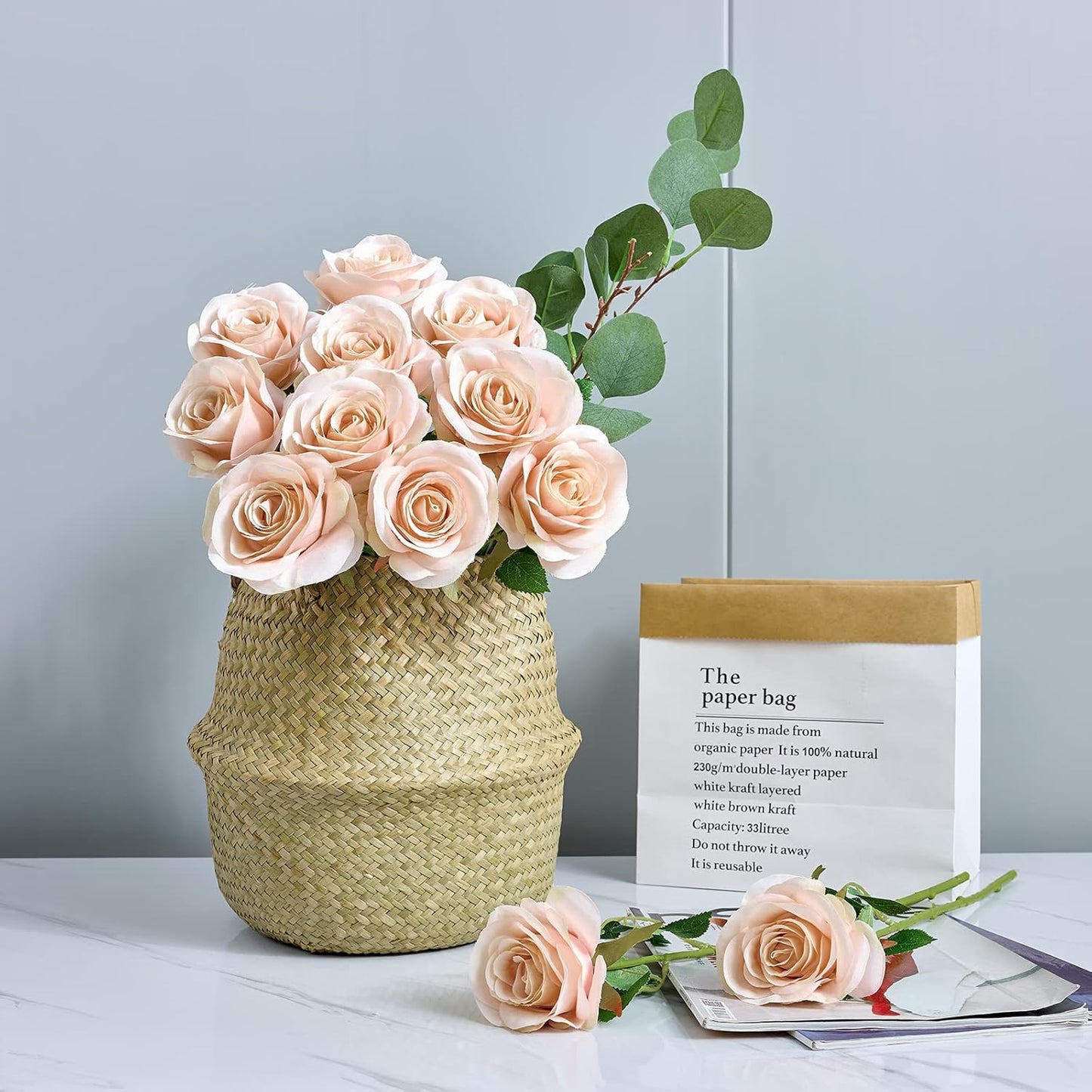 12Pcs Blush Pink Rose Artificial Flowers Faux Roses Silk Rose Fake Flowers Rose with Long Stems for DIY Wedding Bouquets Centerpieces Baby Shower Party Home Decorations (Blush Pink)