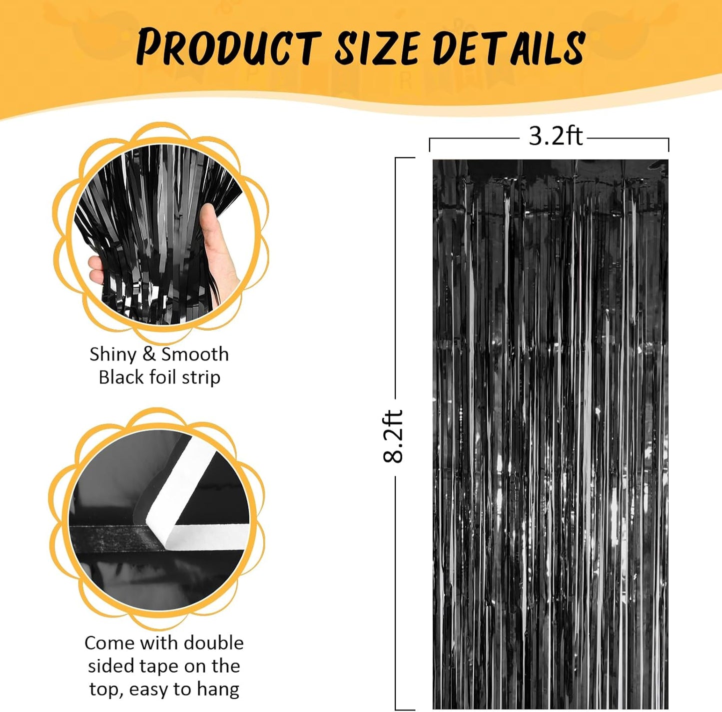 Accevo 3Pack Black Foil Fringe Curtains Party Streamers 3.2ft x 8.2ft Door Streamer Tinsel Streamers Black Party Decorations Photo Booth for Halloween New Year Holiday Celebration Party Decoration