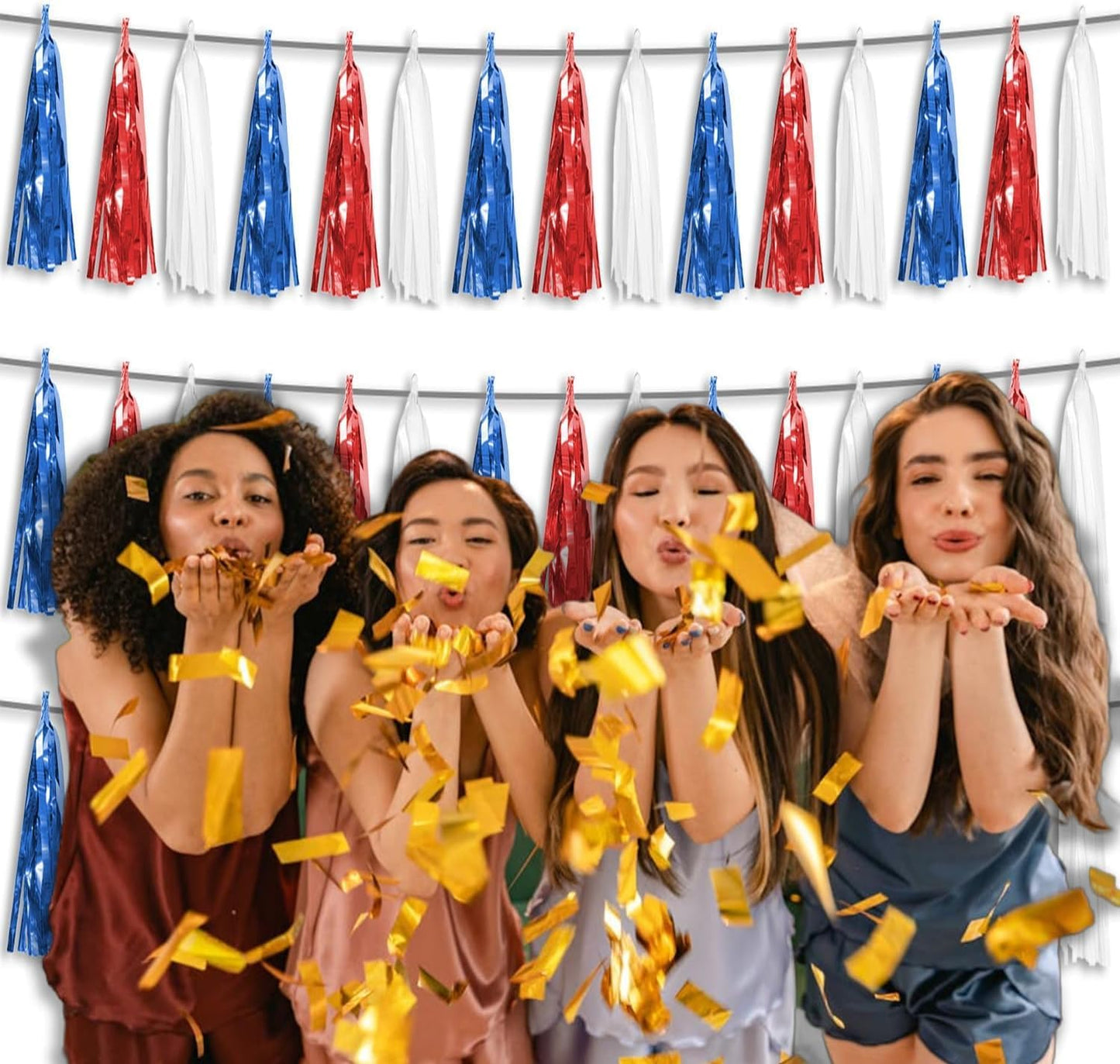 3P Red Blue White Foil Fringe Tassel Garland Metallic Tinsel Streamer Banner Wall Curtain Backdrop for Parade Floats, Graduation, Independence Day, 4th of July, Patriotic Themed Party Decoration