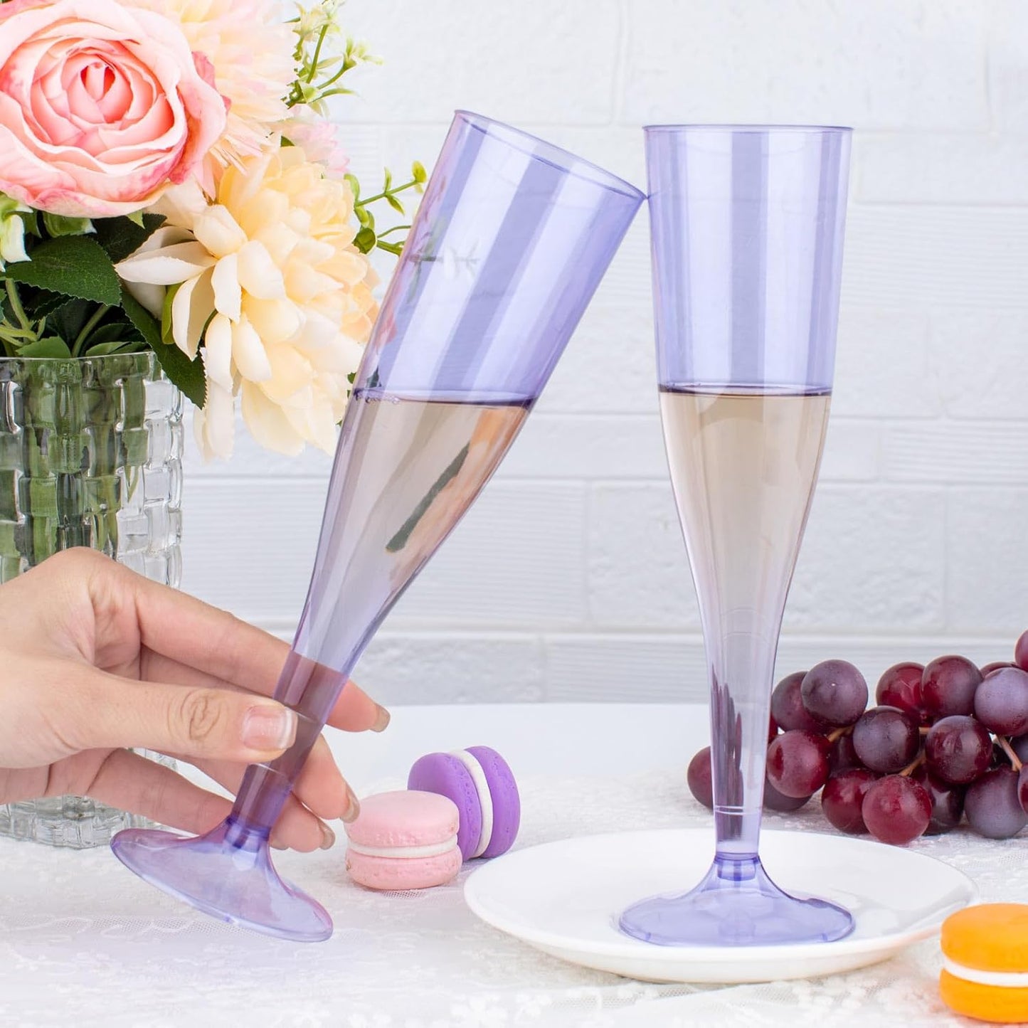 WDF 36 Pack Clear Purple Plastic Champagne Flutes - 7OZ Purple Champagne Flutes Plastic, Champagne Glasses Disposable for Party & Wedding