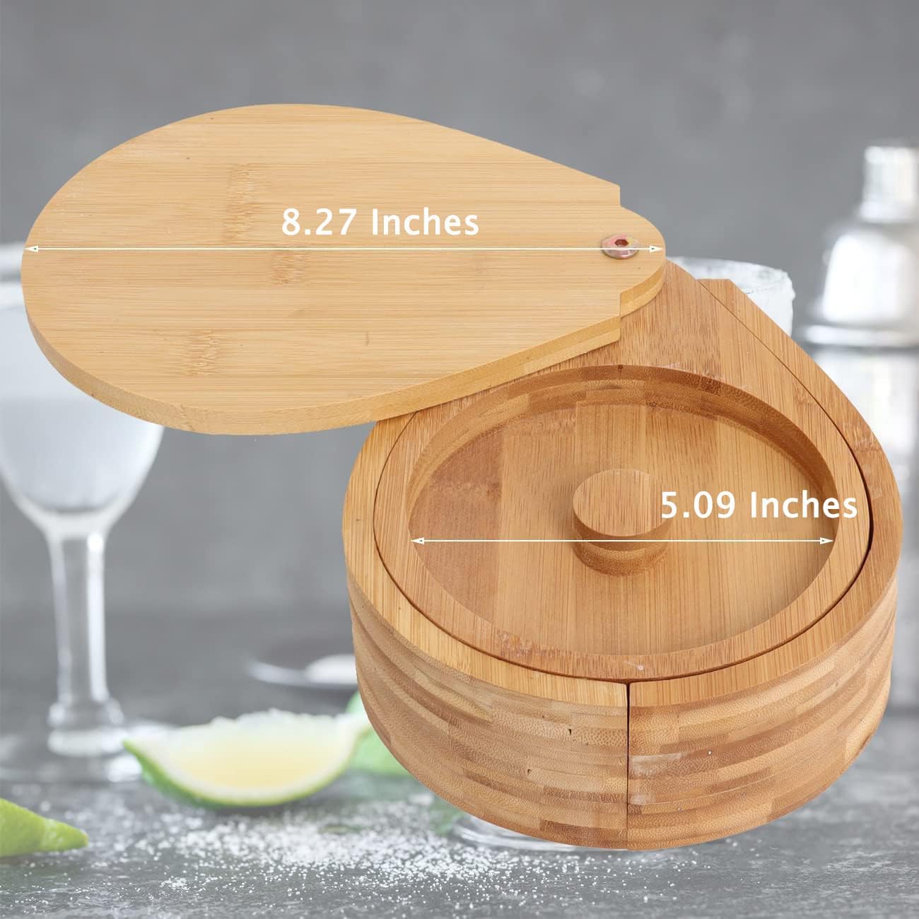 Bamboo Margarita Salt Rimmer Set - 3 Tier Glass Rimmer with Lid and 6 Sponges for Cocktails, Bar Salt and Sugar for House Party, Bloody Mary, Manhattan Drinks