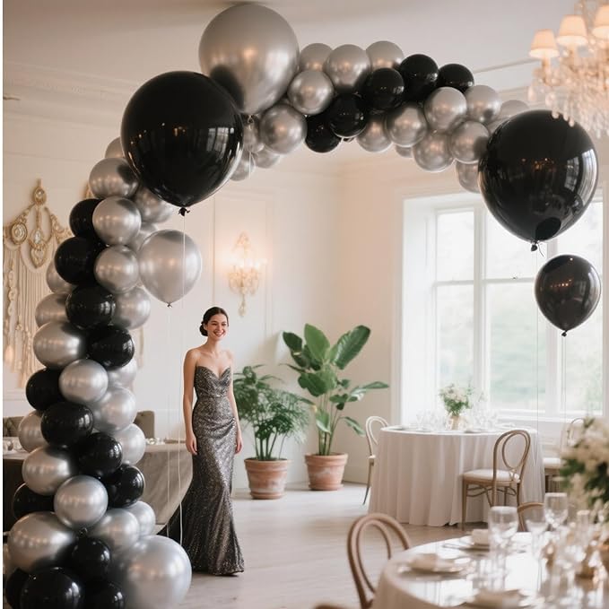 412Pcs Black and Silver Balloons Arch Kit, Latex Balloons Different Sizes 18 12 10 5 Inch for Birthday, Wedding, Graduation, Anniversary Decorations