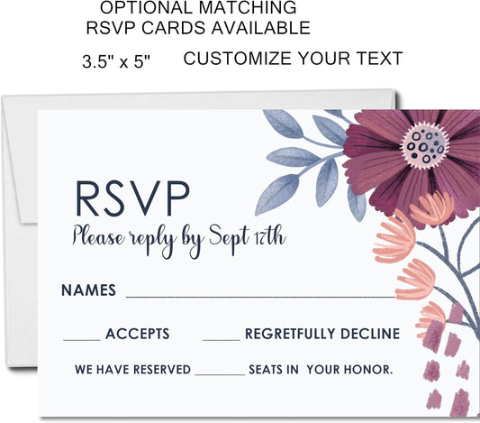 Purple & Blue Abstract Floral Wedding Invitations, Personalized, Set of 12 Invitations with Envelopes