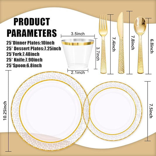 Ciaell 150PCS Clear Gold Plastic Plates - Disposable Gold Rim Plates include 25Dinner Plate, 25Dessert Plate, 25Forks, 25Knives, 25Spoons, 25Cups for Wedding & Party