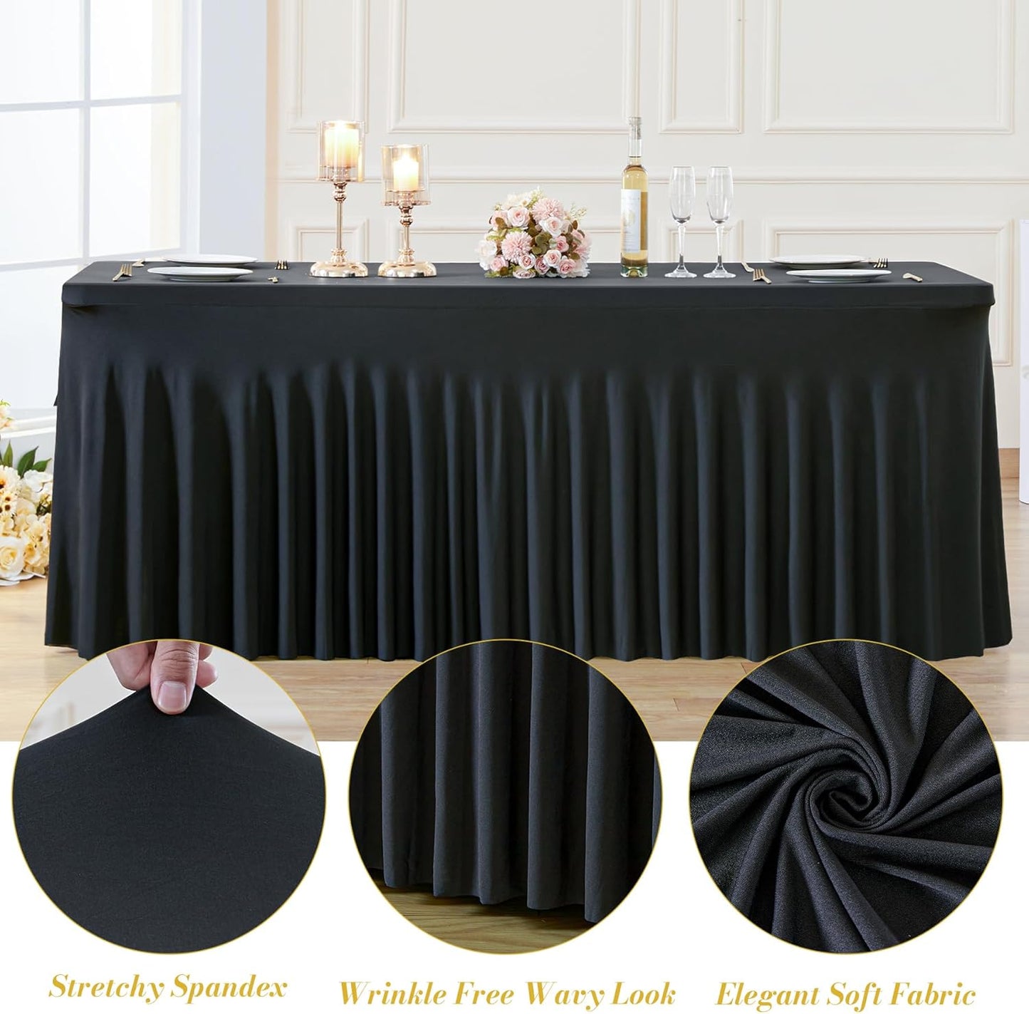 8 Pack Spandex Black Fitted Table Cloth for 6ft Rectangle Tables Black Stretch Tablecloth Table Covers Skirt Banquet Wrinkle Free Tablecloths for Parties Wedding