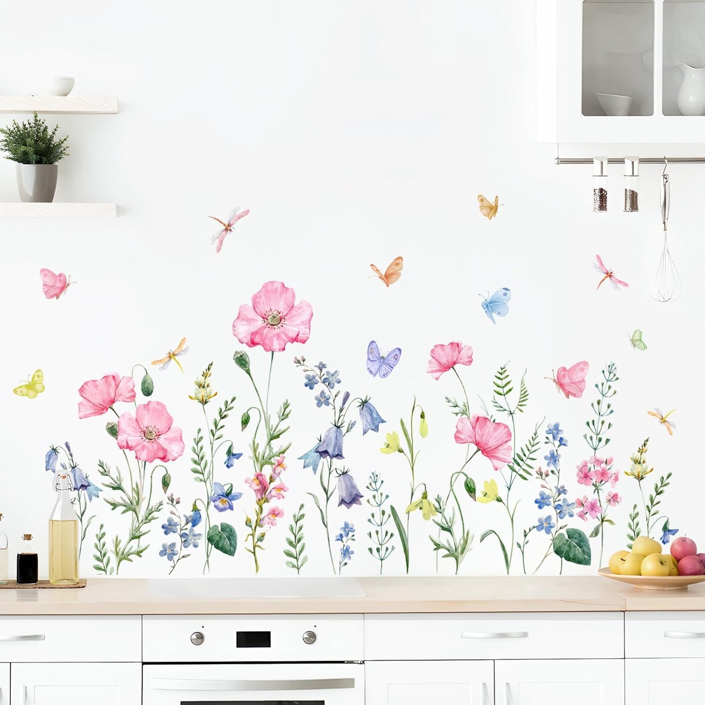 Supzone Watercolor Wildflower Wall Decals Colorful Garden Flower Grass Butterflies Wall Stickers for Girls Bedroom Living Room Home Office Wall Decor