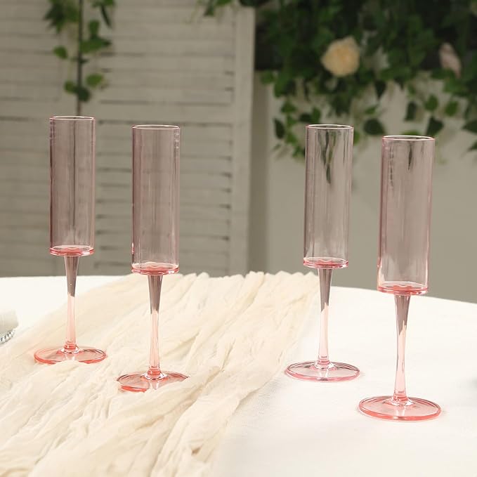 Efavormart 6 Pack Transparent Blush Reusable Plastic Champagne Flute Glasses in Cylindrical Shape, 6oz Wine Mimosa Glass Goblets with Long Stems - 9.5" Tall