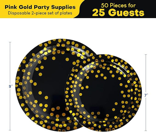 Paper Plates for Party 50 Sets, Holiday Paper Plates, Golden Dot Plates Party Supplies for Baby Shower Birthday Wedding