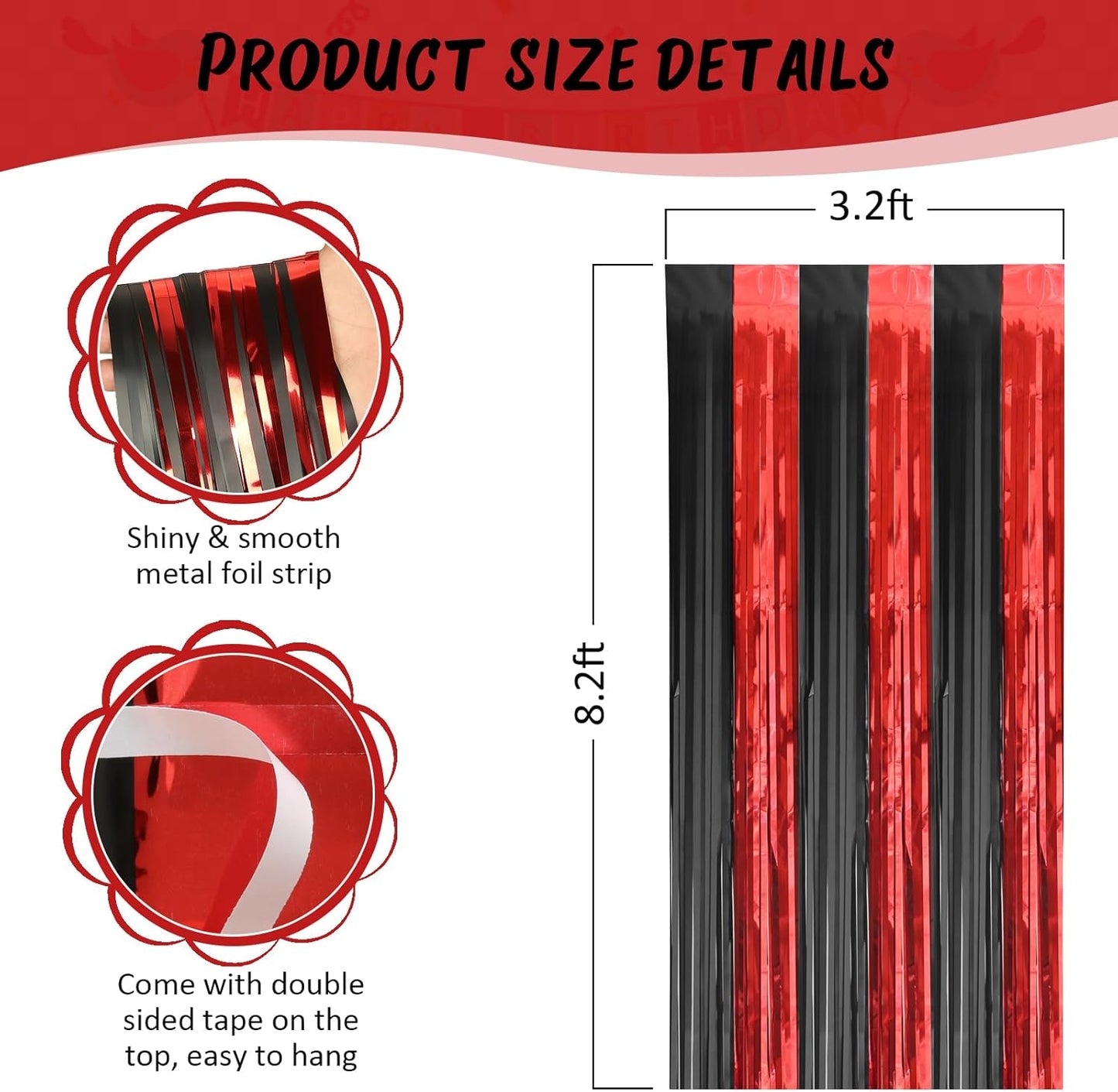 Red & Black Metallic Foil Fringe Curtains – 3 Pack Party Streamers (3.2x8.2 ft)