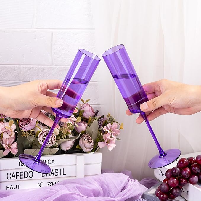YOUBET 24 Pack Purple Plastic Champagne Flutes -6 Oz Clear Purple Champagne Glasses - Square Plastic Toasting Glasses for Birthday Anniversary Wedding & Party