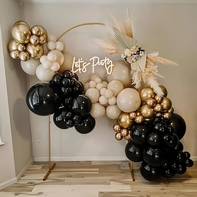 Black and Gold Balloon Arch Kit, Black White Sand Beige Cream Champagne Gold Metallic Latex Balloons Garland for New Years Eve Boho Bridal Baby Shower Anniversary Wedding Birthday Party Decor