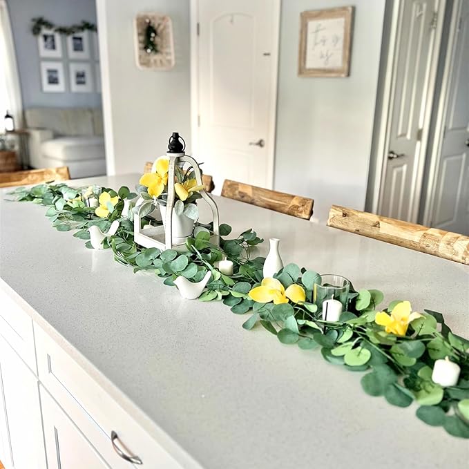 CQURE 90Pcs Eucalyptus Garland,Artificial Eucalyptus Leaves Table Greenery Garland Wreath Vines for Wedding Party Table Fireplace Bedroom Wall Decor