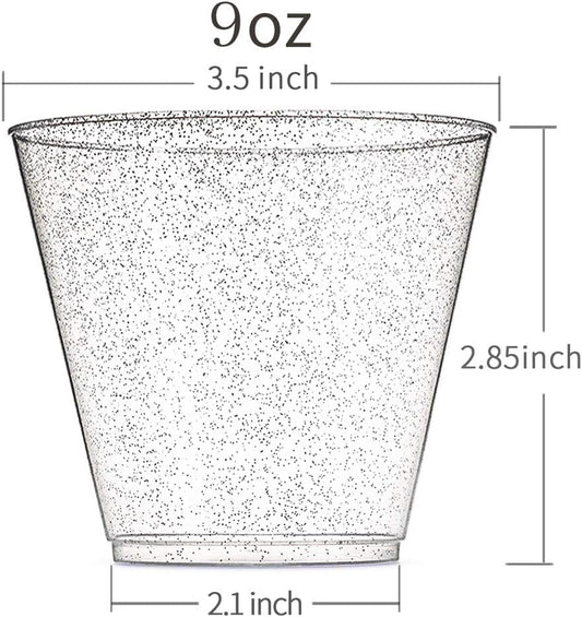 WDF 200pcs 9OZ Silver Cups, Plastic Disposable Premium Wedding Silver Glitter Plastic Cups for Christmas Party