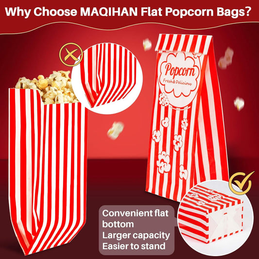 MAQIHAN 100 Popcorn Bags Flat Bottom - Paper Popcorn Food Bags Individual Servings Party Pop Corn Sleeves Bulk Carnival Halloween Snack Pack Gift Favor Treat bolsas para palomitas Movie Night Supplies