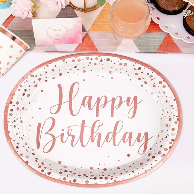 Grencian 50Pcs Pink Rose Gold Birthday Plates 10" x 12.5" Oval Paper Plates Disposable 400GSM Oval Paper Tableware Pink Dots Dinnerware for Girls Women Rose Gold Birthday Party Decorations