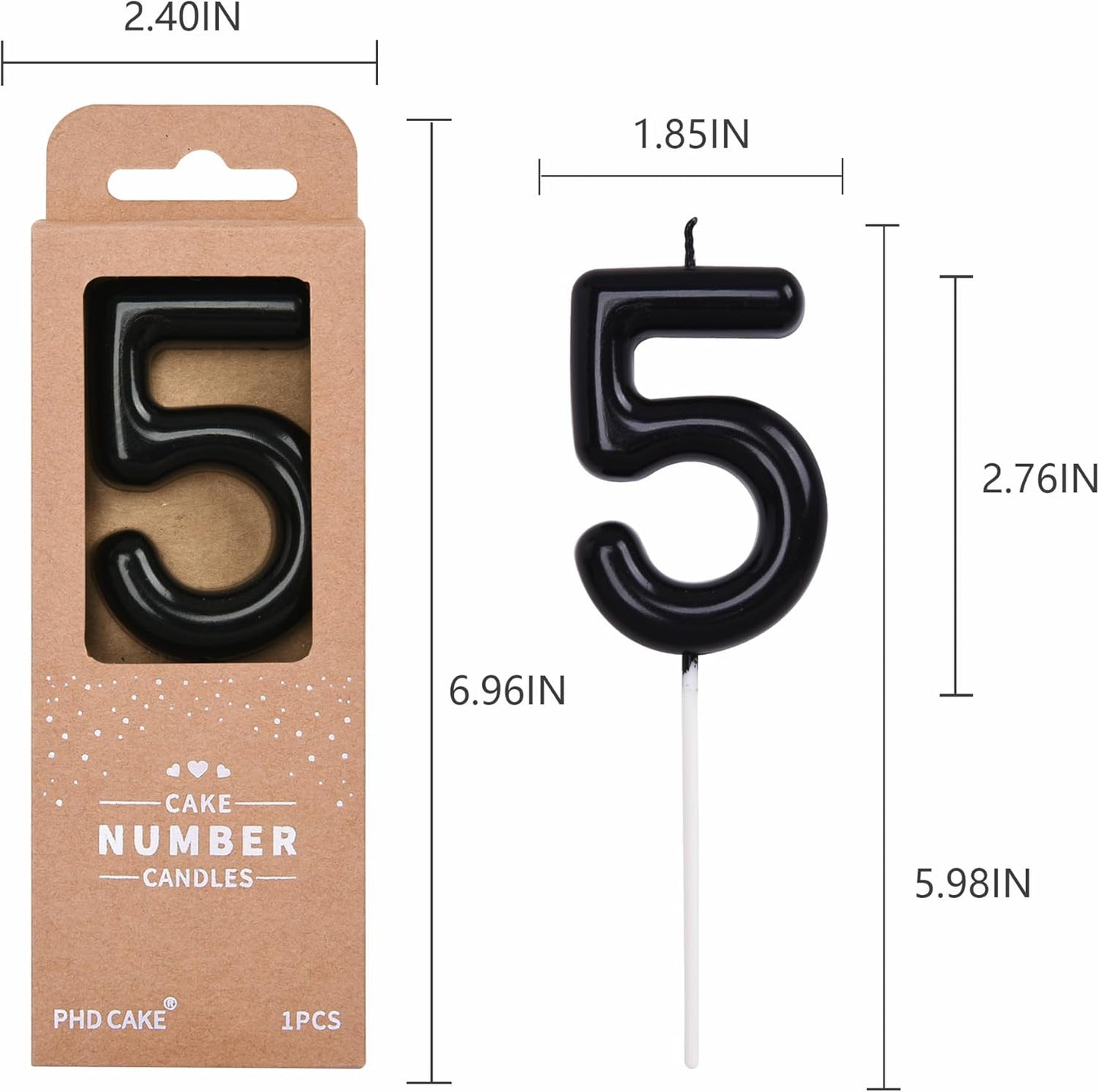 PHD CAKE 2.76 inch Classical Black 5 Number Birthday Candles, Black Number Candles, Cake Number Candles, Party Celebration
