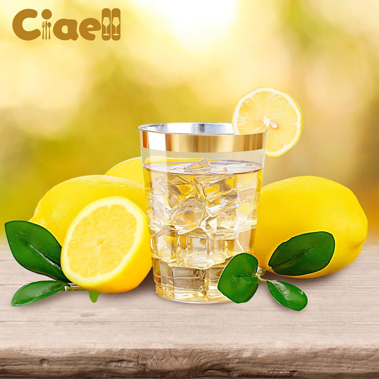 Ciaell 120PCS Gold Plastic Cups - 10Oz Heavy Duty Clear Plastic Cups with Gold Rim - Gold Rim Disposable Cups for Wedding, Birthday & Party