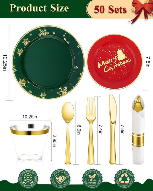 Goodluck 350 Piece Christmas Plates Sets for 50 Guests, Christmas Tableware Disposable for Party, Include 100Plates, 50Pack Pre Rolled Napkins with Silverware, 50Cups for Party, Wedding, Graduation