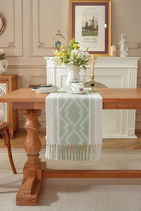 Boho Table Runner , Natural Cotton Woven Aqua Runner,for Modern Farmhouse Decor, with Tassels for Home Dining Table Decor 14 x 90 Inch Long