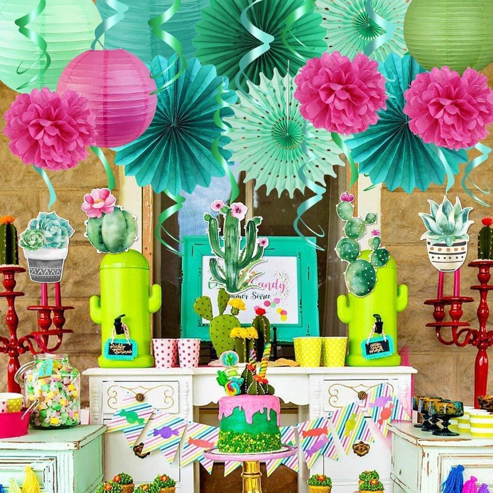 SUNBEAUTY Summer Party Decoration Hanging Cactus Swirls Paper Lanterns Paper Fans kit for Hawaiian Luau Party Tropical Party Baby Shower Birthday Party Supplies