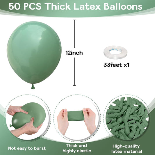 Sage Green Balloons 12 Inch, 50 Pcs Eucalyptus Olive Vintage Balloon Matte Dusty Dark Avocado Helium Latex for Birthday Boho Baby Shower Wedding Party Decorations