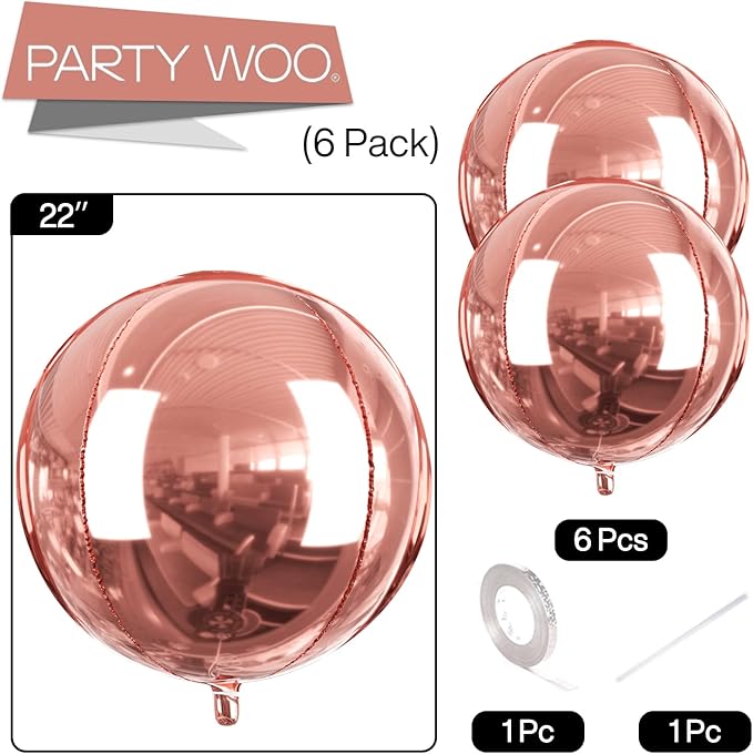 PartyWoo Rose Gold Foil Balloons 6pcs 22 Inch Large Round Foil Big Giant 4D Jumbo Inflatable Mirror Ball Mylar Balloons for Baby Shower Floral Birthday Wedding Bachelorette Party Decorations