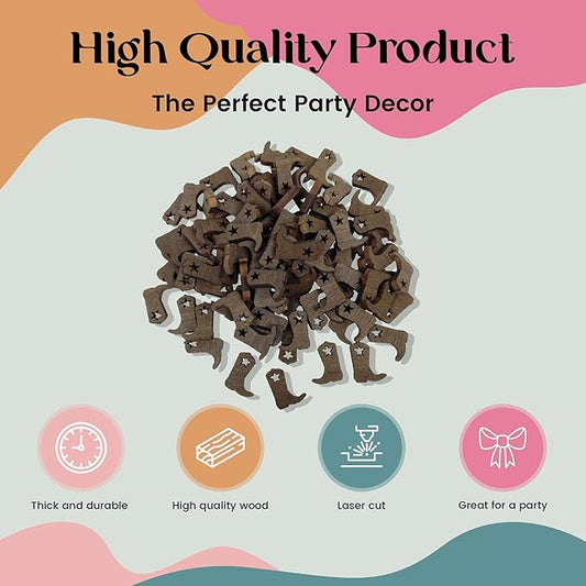 FashionJunkie4Life Laser Cut Cowboy Boot Confetti | Dark Walnut Color Wood Table Scatter with Star Cutout | Western Rustic Party Craft Decor