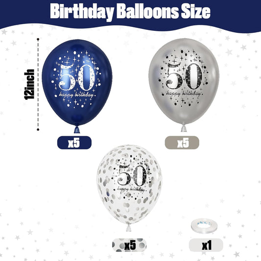 Happy 50th Birthday Balloons Navy Blue Silver, 15 Pieces 50th Birthday Decorations for Men, Blue Silver 50th Party Balloons for Him Age 50 Years Old 50th Birthday Party Decor Celebration Supplies