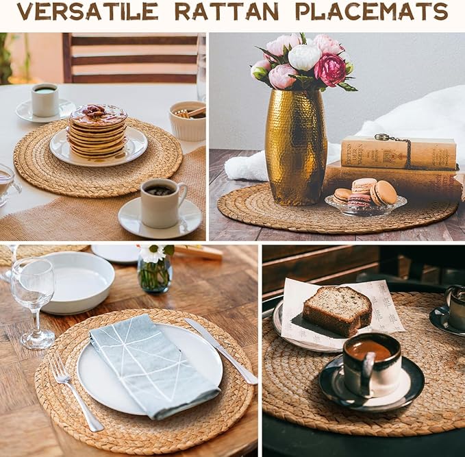13 in Woven Placemats Plate Chargers Set of 12, Boho Farmhouse Rustic Round Place Mats for Dining Table Decor, Rattan Wicker Table Mats Chargers for Dinner Plates