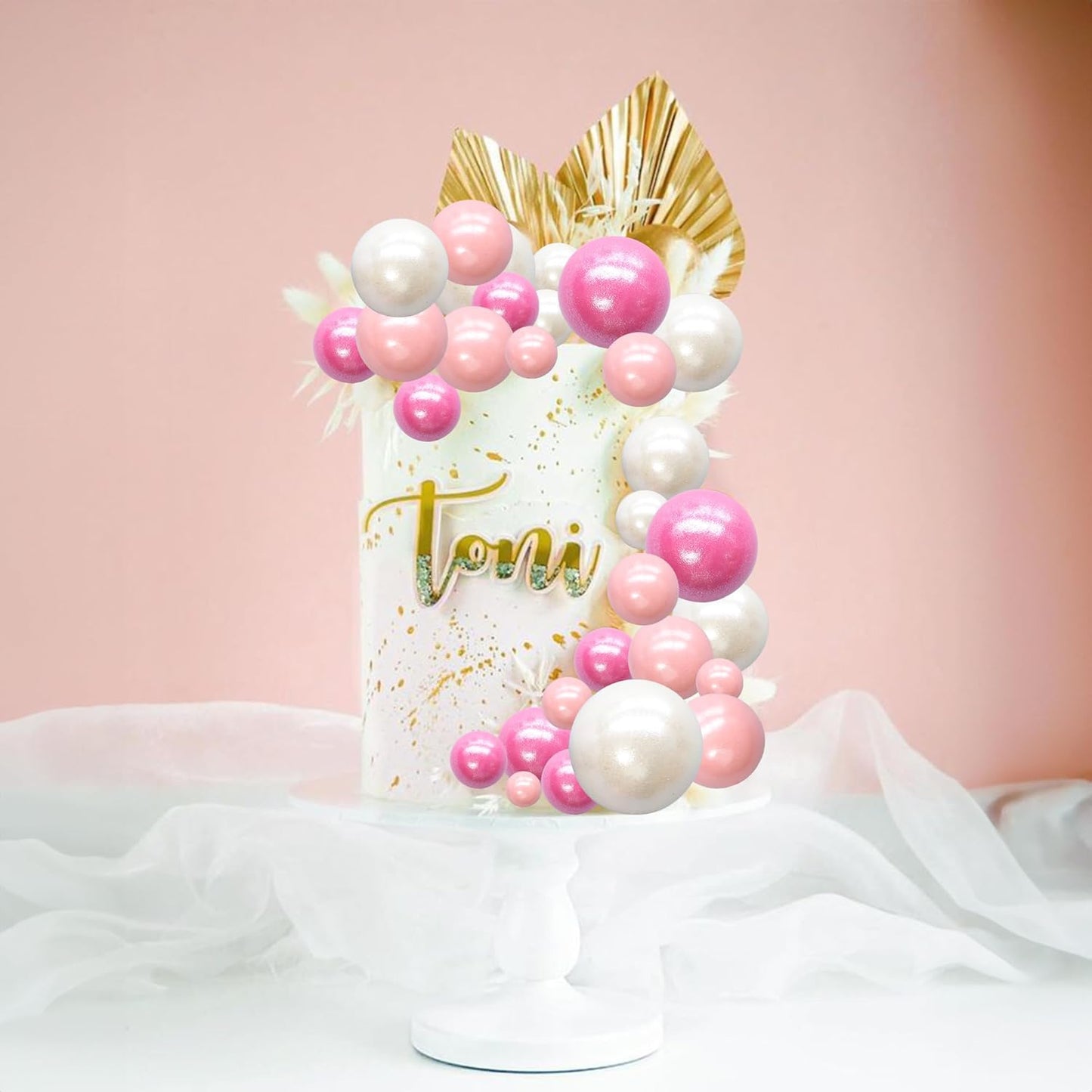 Ephlyn 30Pcs Balls Cake Topper Foam Ball Cake Picks Mini Balloon Cupcake Insert Bubble Balls DIY Decoration for Baby Shower Kids Birthday Party Decorations Pearl White Pink Rose Red