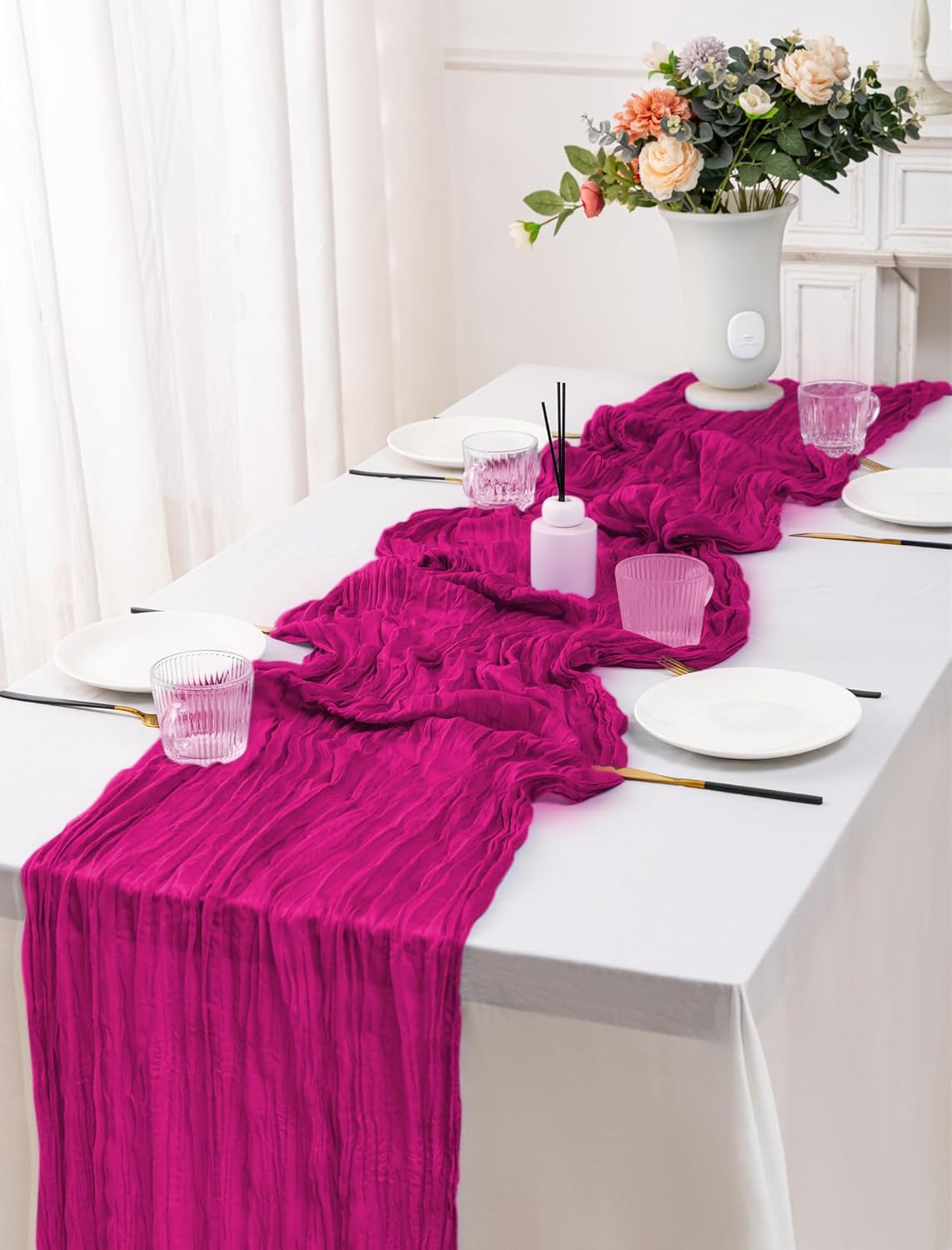 12 Pack Hot Pink Table Runners 10FT Cheesecloth Table Runner 21 x 120 inch Boho Gauze Cheese Cloth Table Runner Rustic Sheer Table Runners for Party Wedding Bridal Baby Shower Birthday Table Decor