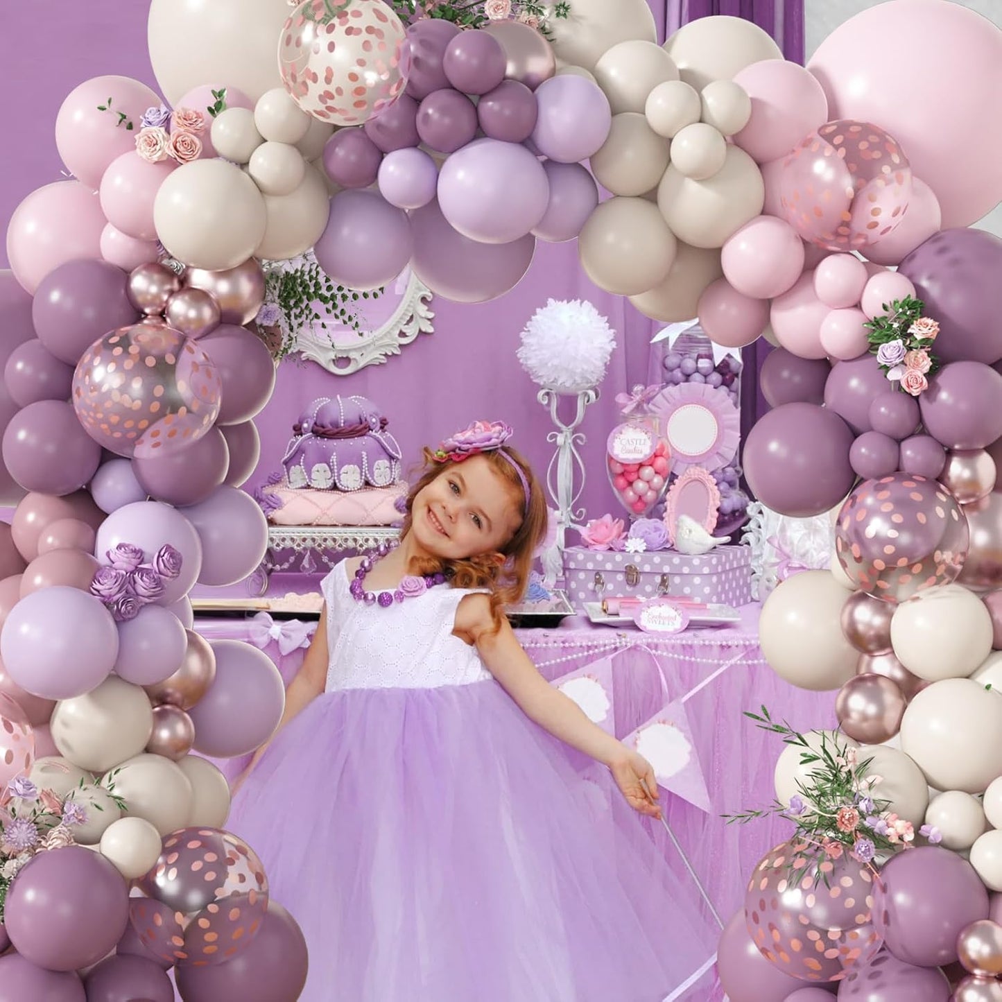 Amandir 173Pcs Dusty Purple Balloon Arch Garland Kit, Double-stuffed Pink White Sand Lavender Lilac Light Purple Rose Gold Confetti Balloons for Baby Bridal Shower Wedding Birthday Party Decorations