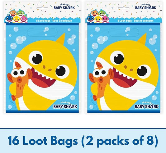 Unique Baby Shark Goodie Bags Pack - Baby Shark Birthday Decorations - Bundle with 16 Plastic Party Favor Bags, Sticker - 16 Guests - Birthday Party Supplies