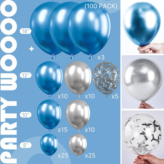 PartyWoo Blue and Silver Balloons, 100 pcs Metallic Blue and Metallic Silver Balloons Different Sizes Pack of 18 Inch 12 Inch 10 Inch 5 Inch for Balloon Garland or Balloon Arch as Party Decorations