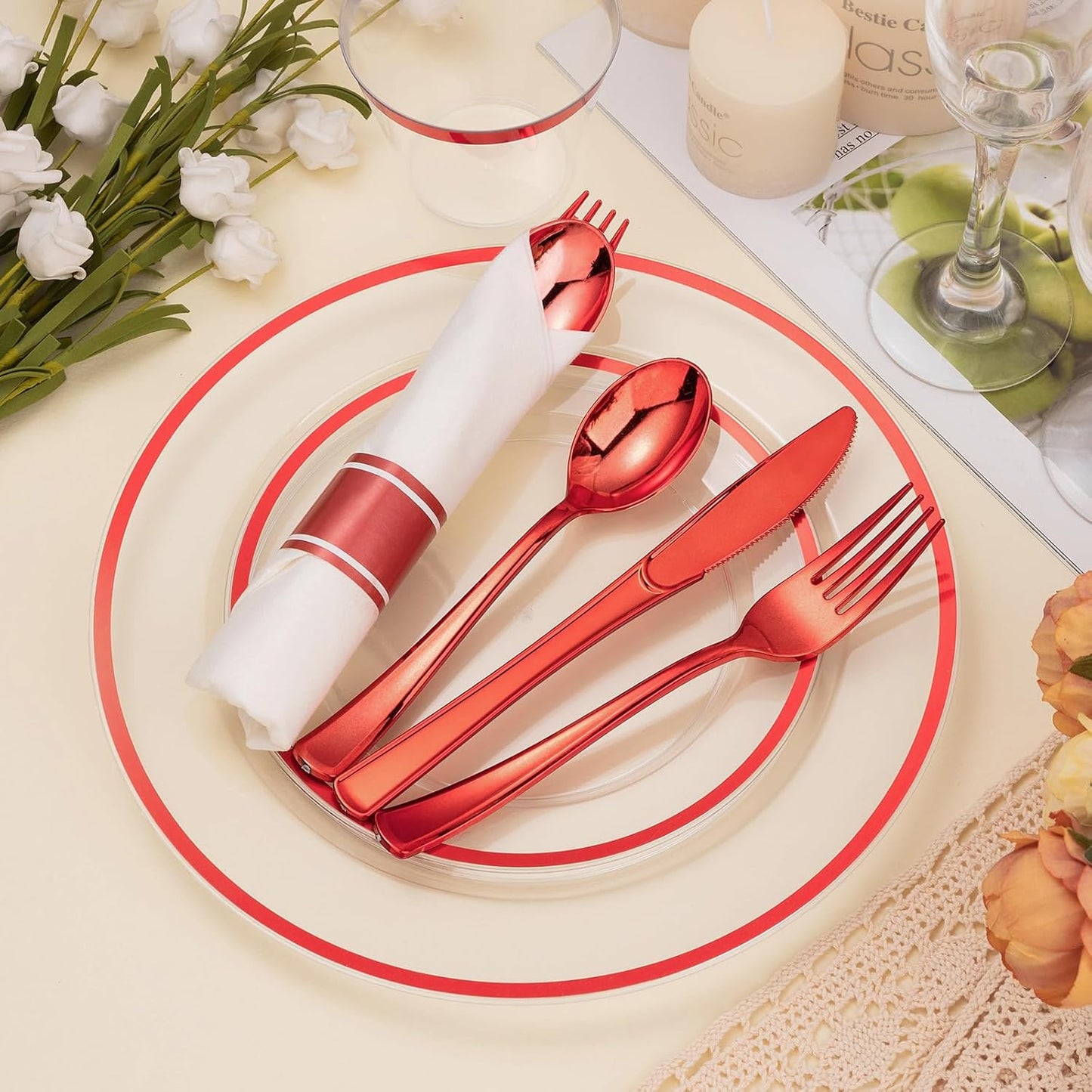 175PCS Clear and Red Disposable Plates Set for 25 Guests, 50 Plastic Plates, 25 Cups, 25 Pre-Rolled Napkins with Plastic Cutlery for Party, Birthday, Thanksgiving, Halloween, Christmas