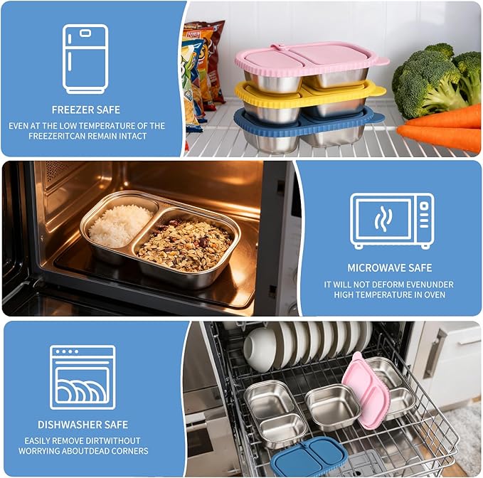 FAMOR 3 Pack Stainless Steel Snack Containers With Lid, 2 Compartment Snackle Box Container,Leak-Proof Reusable Food Storage Container,For Work,Travel, School, And The Gym