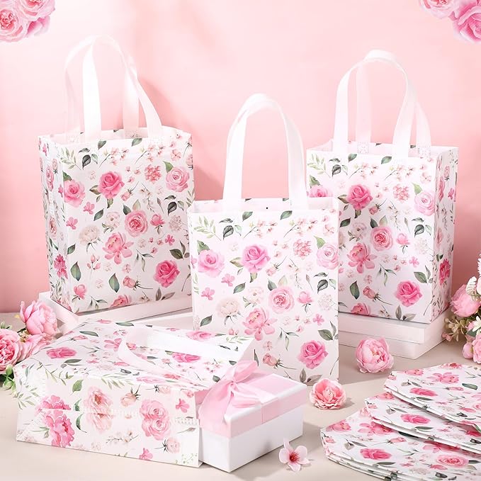 Supervitae 24 Pack Pink Floral Theme Gift Bags Medium Floral Party Favor Bags Flower Reusable Totes Non Woven Goodie Totes for Wedding Birthday Baby Shower Family Holiday Travel(9.8" x 7.9" x 3.9")