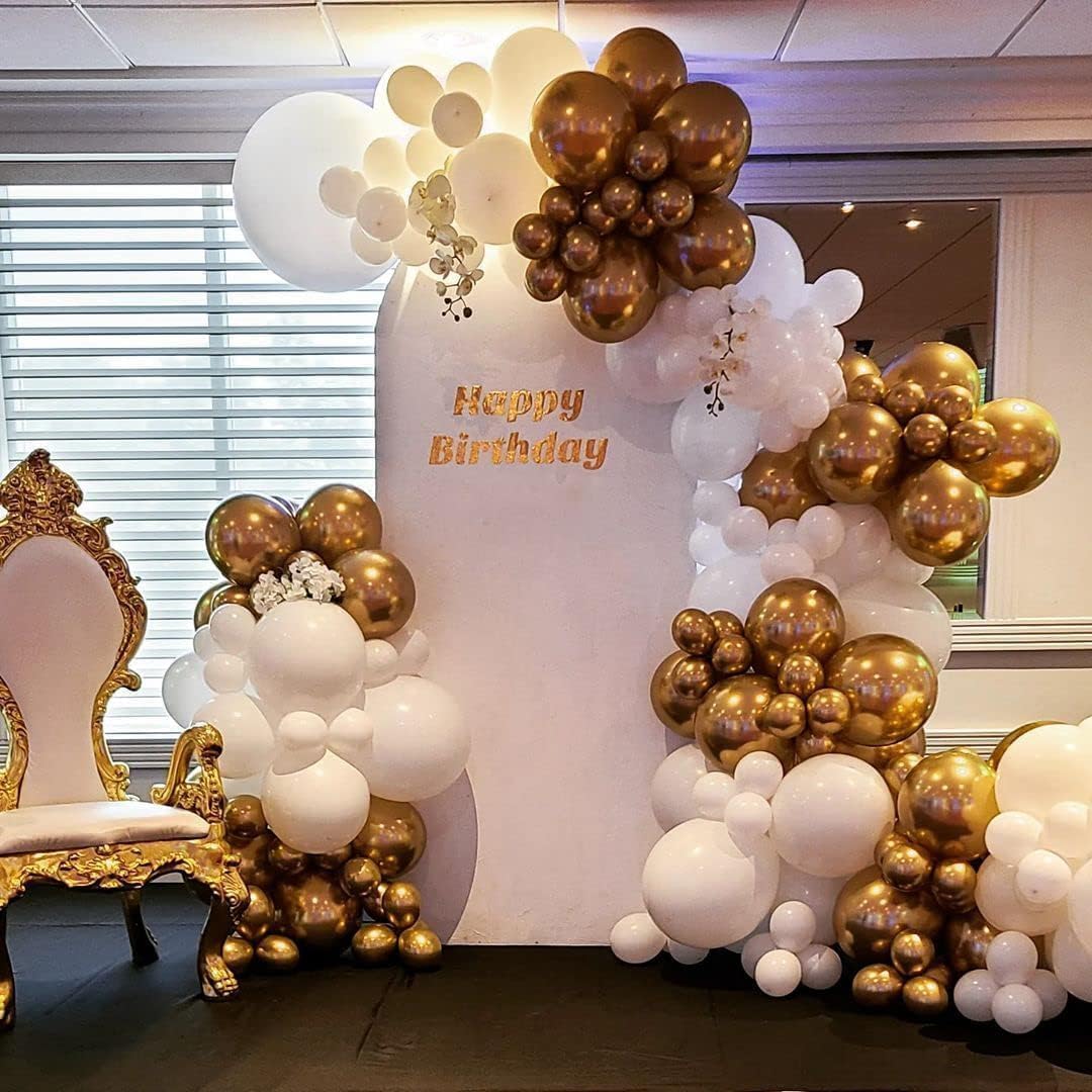 White and Gold Balloon Arch Kit, 146Pcs Explosion Star White Metallic Gold Latex Balloon Garland kit, 22 18 12 10 5 Inch Different Size Balloons for Anniversary Birthday Engagements Party Decorations