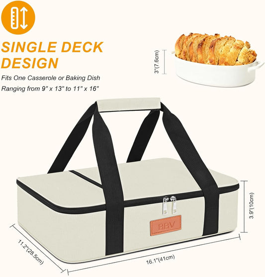 BBV Insulated Casserole Carrier for Hot or Cold Food, Food Warmer Bag Fits 9"x13" Baking Dish, Durable Nylon Leak Proof Food Containers for Travel, Potluck, Parties, Picnic, Cookouts (Beige)