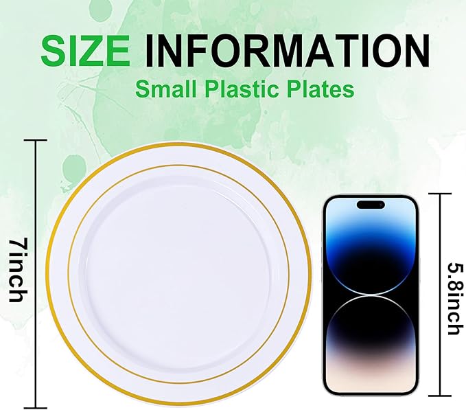 100Pcs Gold Plastic Dessert Plates, Plates Disposable Salad Plate with Gold Rim, Premium Hard Fancy Small Plate, Heavy Duty Plastic Cake Platos for Party, Wedding and Birthday