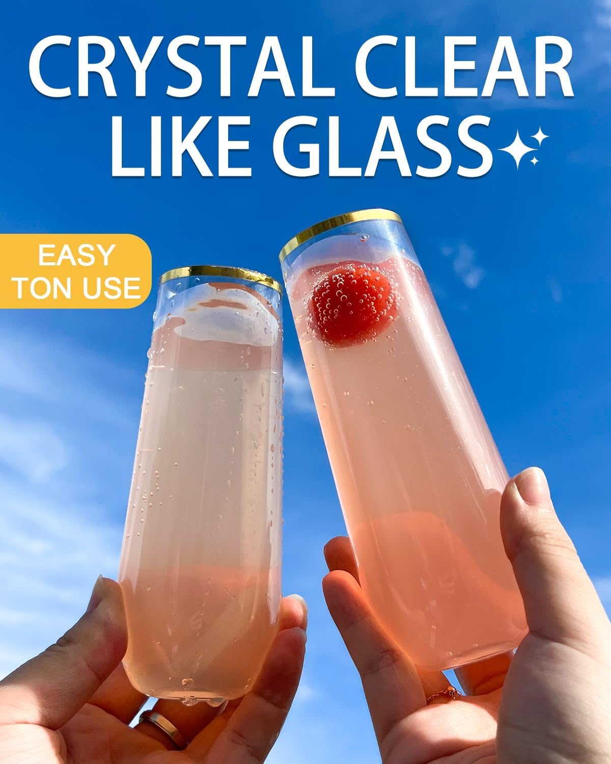 48 Pcak Champagne Flutes Plastic, 9 Oz Disposable Stemless Mimosa Gold Rim Toasting Glasses, Clear Crystal Plastic Cocktail Cups for Party Wedding Birthday