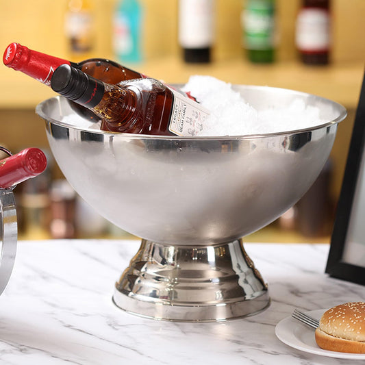 Large Ice Bucket 13L Stainless Steel Champagne Bowl Ice Bucket with Ice Scoop Semicircle Drink Tub with Integrated Base Silver Beverage Tub for Parties, Cocktail Bar, Chilling Wine (1 pack)