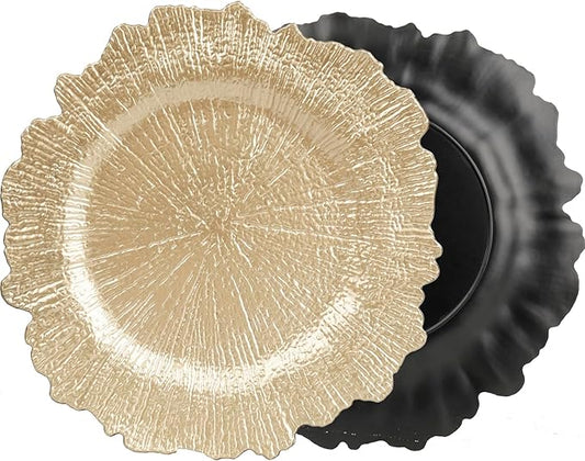 WUWEOT 12 Pack Gold Charger Plates, 12.7" Round Plastic Reef Plate Chargers with Flora Reef Design for Wedding Dinner Party Decoration