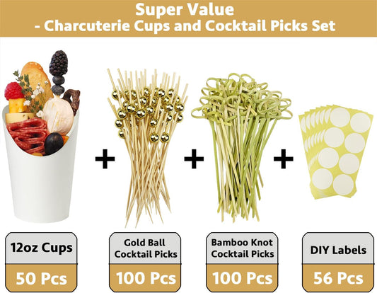 CAMKYDE 50 Charcuterie Cups + 200 Cocktail Picks + 56 Labels, 12 oz Disposable Charcuterie Cups with Sticks (2 Types), French Fry Cup White Paper Appetizer Cup for all Occasions(White)