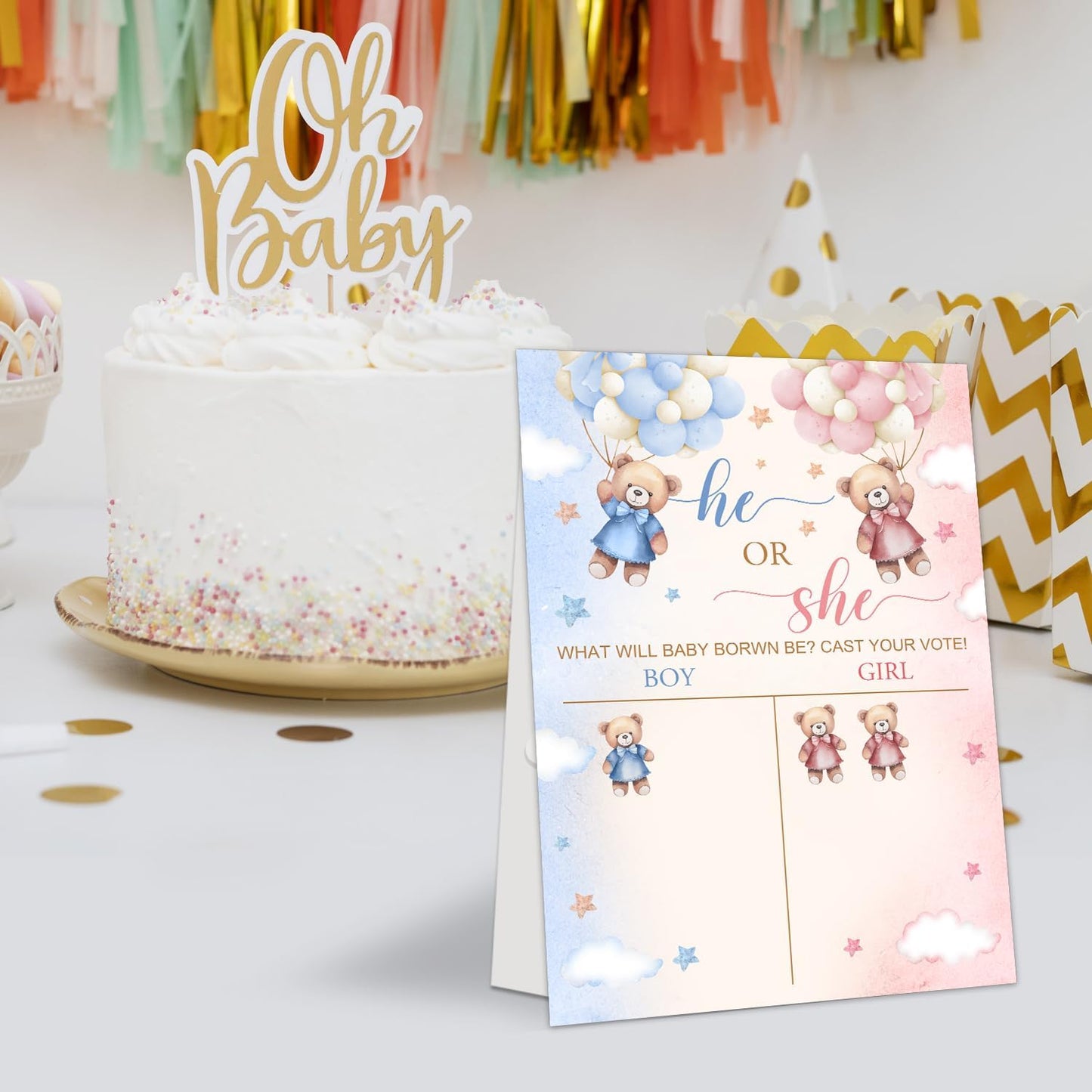 LNOKRIM Gender Reveal Party Games, Teddy Theme Baby Gender Reveal Voting Board Sign, 48 Boy Girl Voting Stickers, He or She, Baby Gender Reveal Party Decorations Games for Boy or Girl Shower, Bear 04