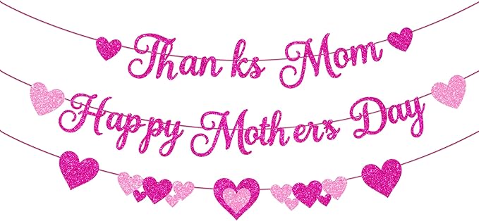 Happy Mother's Day Banner Set Decoration for Mother's Day Party Decorations Backdrop Garland for Mom Mother's Day Glitter Garland Photo Props (Pink-New-1)